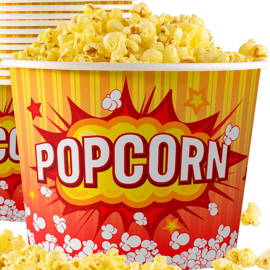 Greaseproof, Retro 85oz Popcorn Buckets 100 Pack. Reusable and Durable Pop Corn Tubs in Red Yellow. Large Disposable Containers Perfect For Movie Night, Theme Party, Theater, Carnivals & Fundraisers