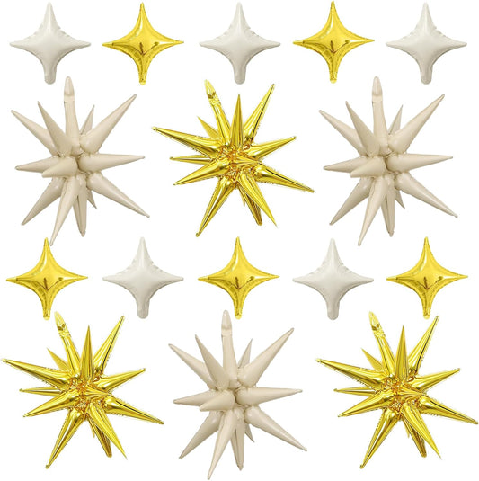 Sand White Gold Star Balloon,Gold Cream White 6Pcs 22Inch Explosion Star Balloons and 10Pcs 10Inch Four Angle Balloons Kit for Birthday Anniversary Baby Shower Wedding Party Decorations