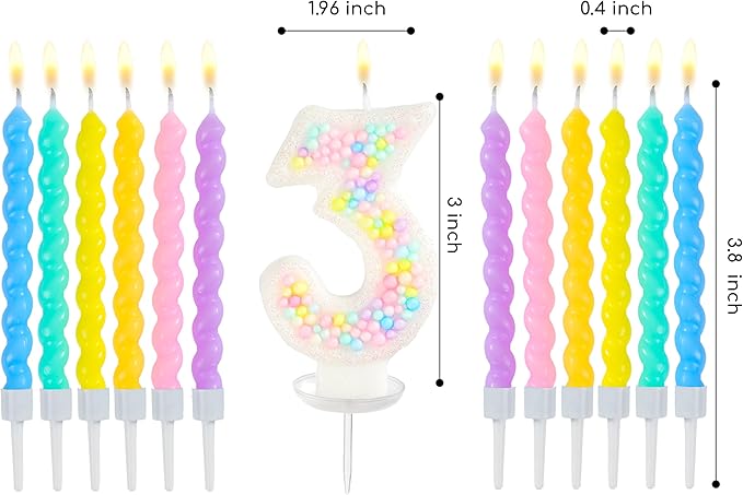 PHD CAKE Number 3 Birthday Candle Macaron Glitter Number Candle with Rainbow Spiral Candles in Holders for Cake Topper, Pastel Sweet Theme Party Decoration