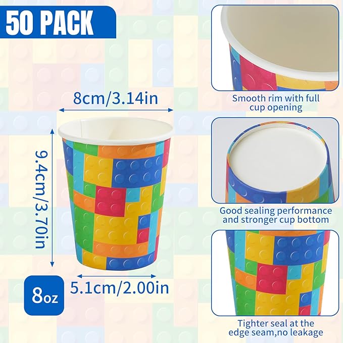 8 oz 50 Pack Disposable Paper Coffee Cups, Disposable Paper Cups for Cold and Hot Drinks, Leak-Proof Drinking Cups for Office, Party, Home, Picnic, Travel and Events (Colored Blocks)