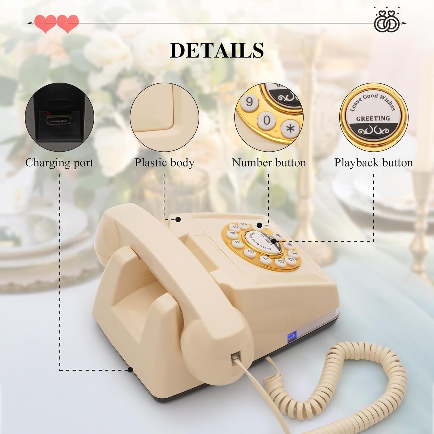 UKBW Audio Guest Book Wedding Phone, 32G Record Customized Audio Message with Guest Book, Retro Style Audio Guestbook for Birthdays Parties Confessions Special Occasions, Beige
