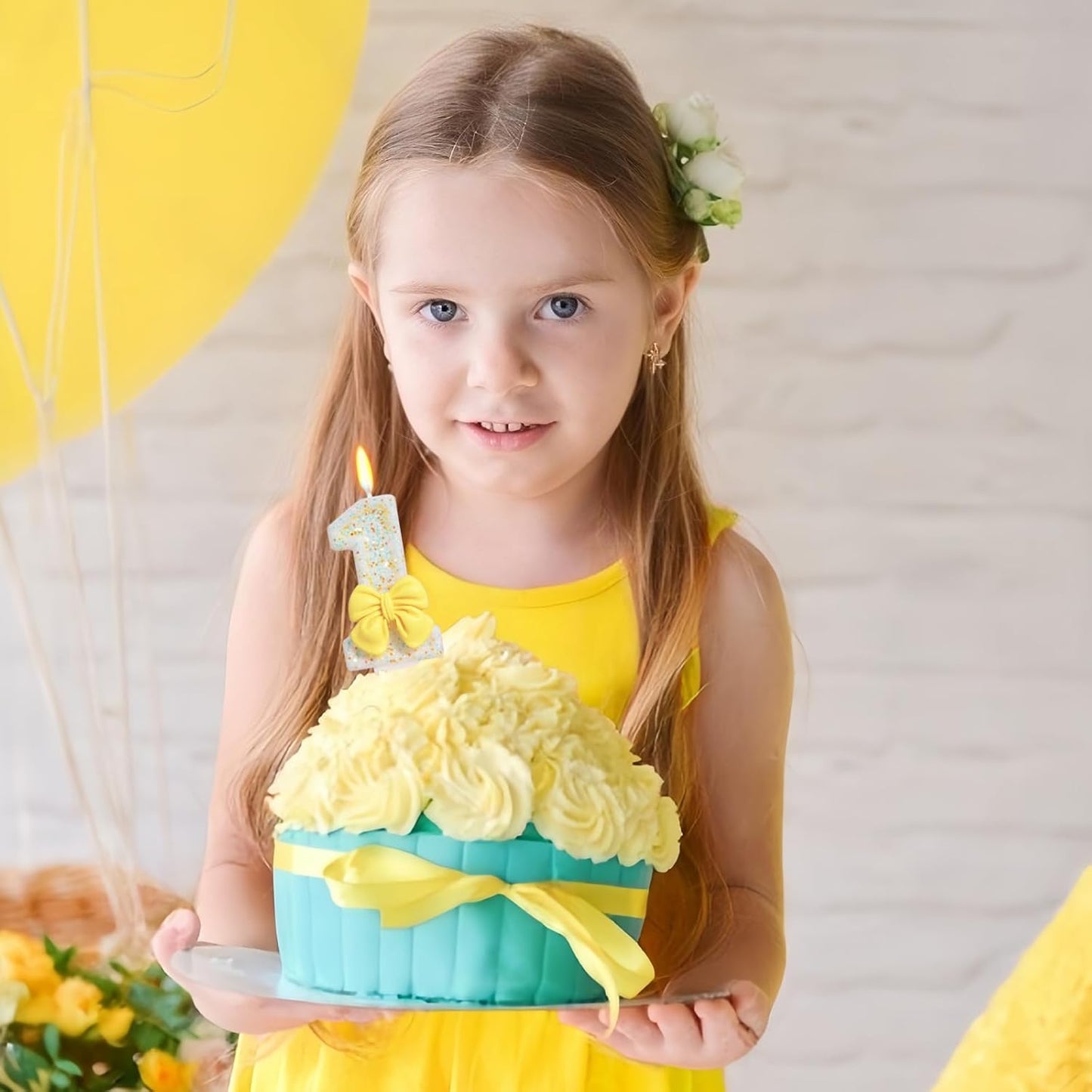 Birthday Candle for Cake, Yellow Bow Cake Candles, Cake Topper Decoration for Birthday Party (Number 1)