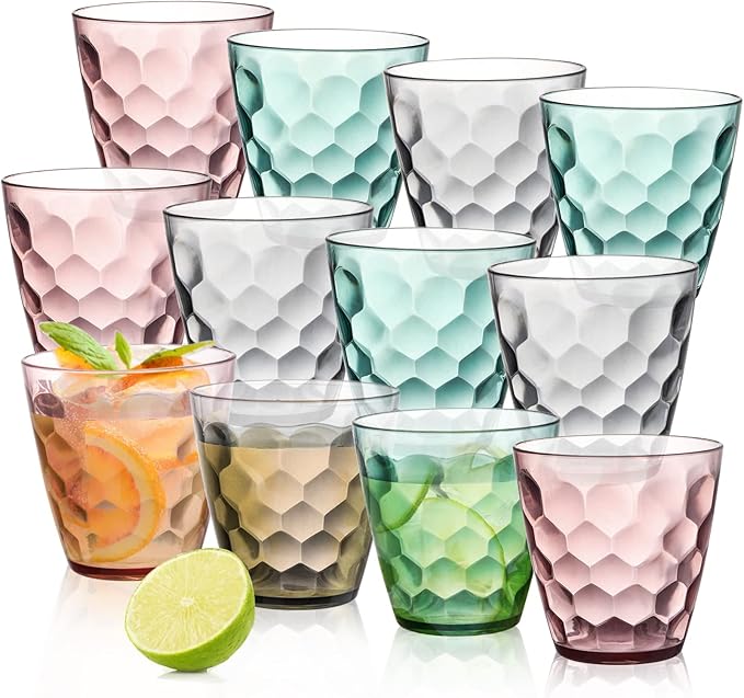 Lawei 12 Pack Plastic Water Tumblers, 10 Oz Unbreakable Premium Drinking Glasses, Stackable Acrylic Reusable Juice Wine Cups for Dinner, Home, Restaurants, BPA Free