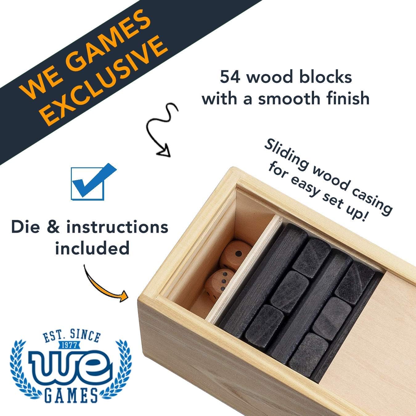 WE Games Wooden Block Stacking Party Game for Adults, Tumble Tower Wedding Guest Book Alternative, Tabletop Games, Includes Storage Case, 12 inches