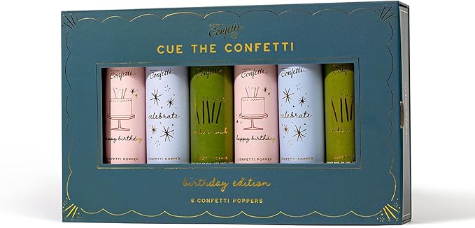 Cue the Confetti Birthday Box (6 Confetti Poppers) – Biodegradable Confetti Poppers for Birthday Parties & Gifts – Eco-Friendly & Spring Loaded for Noise Free Fun.