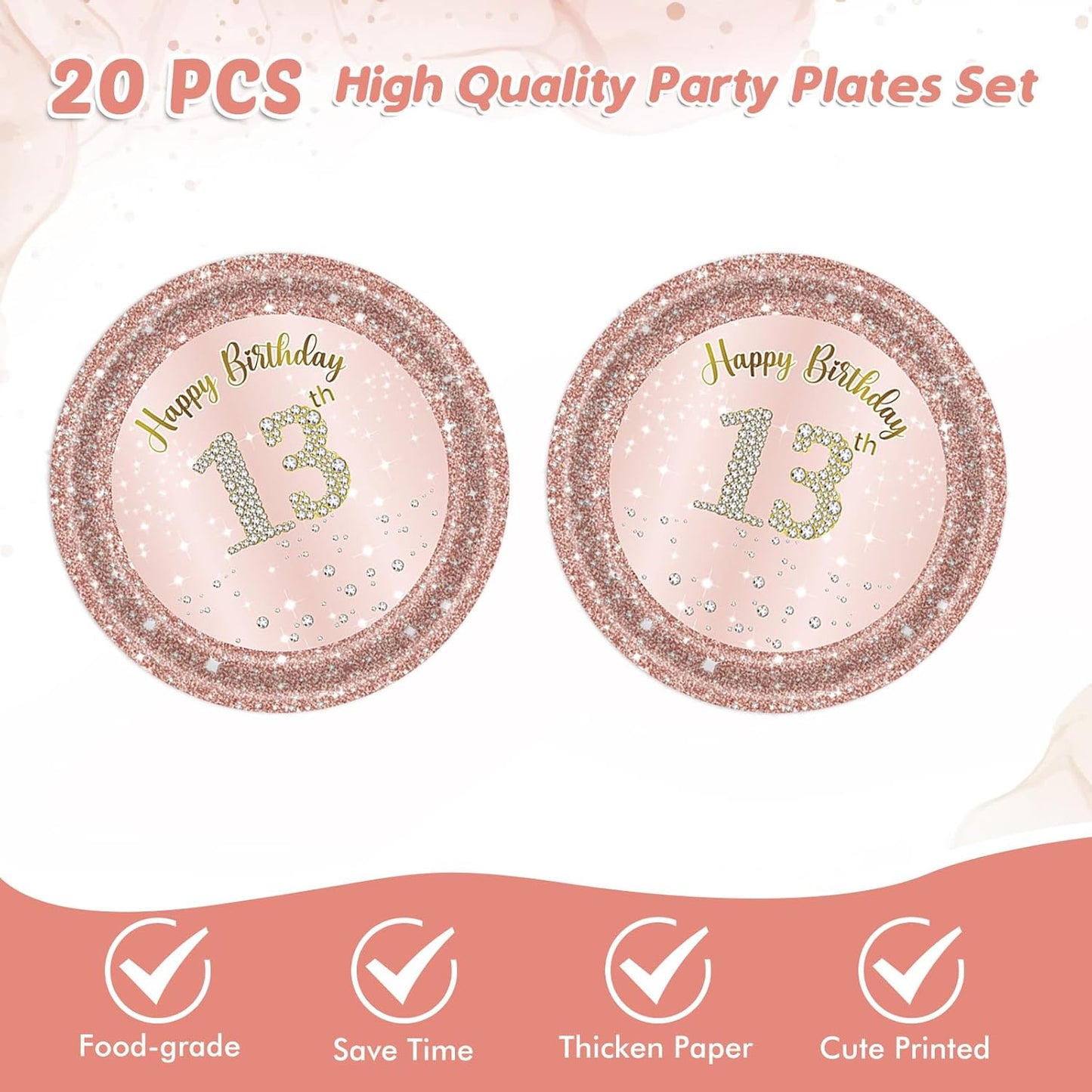 13th Birthday Party Decorations for Girls Pink Rose Gold Birth Theme Supplies Include 20 Plates 20 Napkins Sweet Thirteen Year Old Birthday Party Tableware for Girls Kids Children