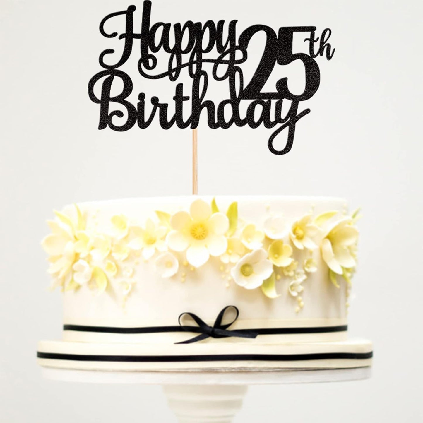 1 PCS Happy 25th Birthday Cake Topper Glitter Cheers to 25 Years Birthday Cake Pick 25 Fabulous Cake Decoration for Happy 25th Birthday Theme Party Decorations Supplies Black