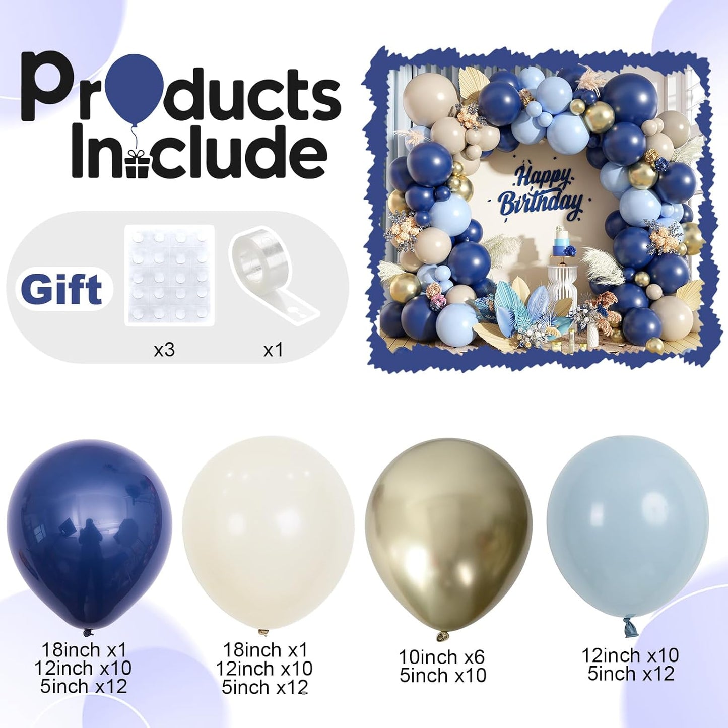 Navy Blue Balloon Arch Kit, Dusty Light Blue Gold Balloon Garland White Sand Cream Metallic Gold Balloons for Wedding Bridal Baby Shower Gender Reveal Graduation Birthday Party Decorations Supplies