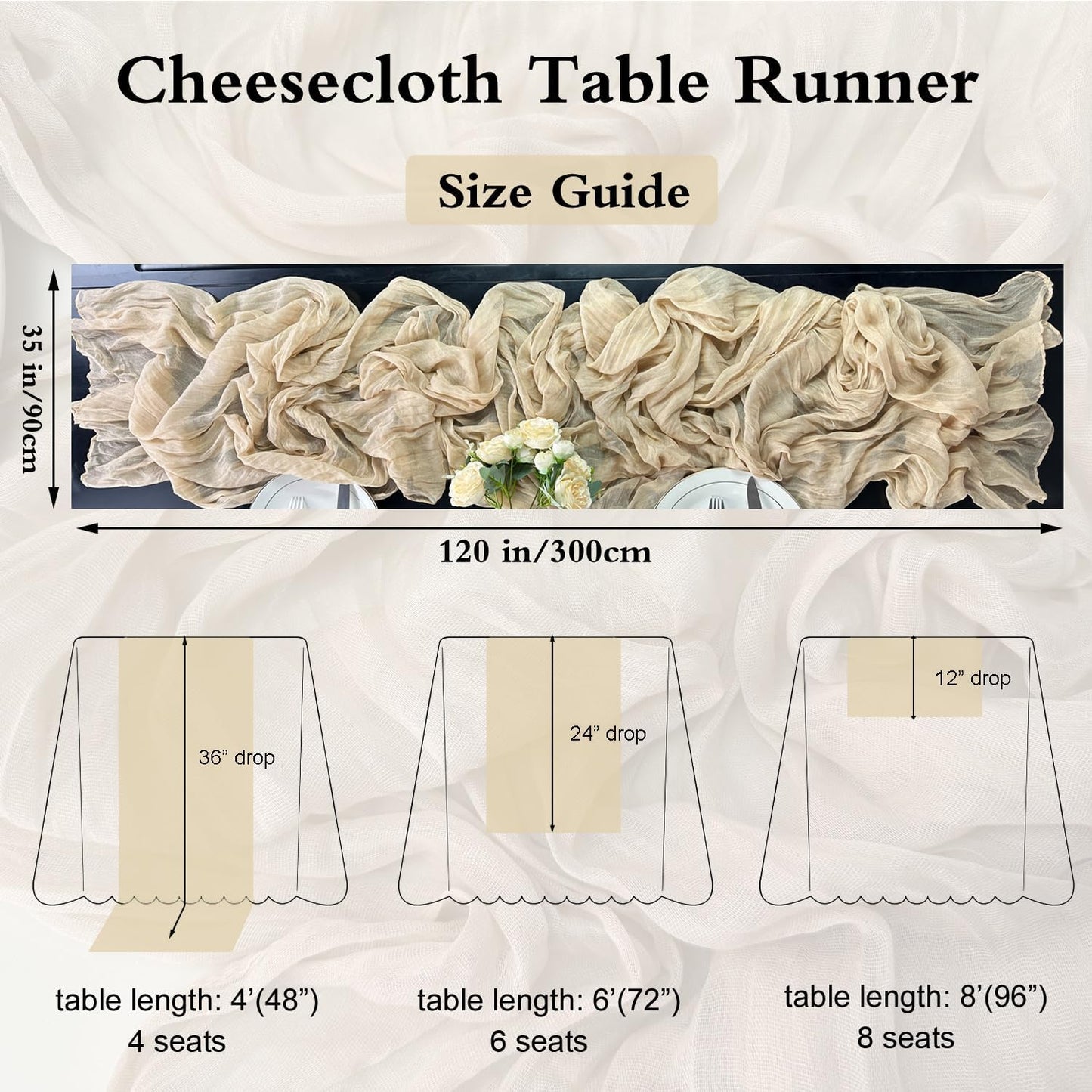 Booque Valley 6 Pack Beige Cheesecloth Table Runner 10ft Super Soft Boho Wrinkled Gauze Sheer Cloth for Baby Shower Baptism Birthday Party Wedding Centerpiece Table Decoration, 35x120 Inch