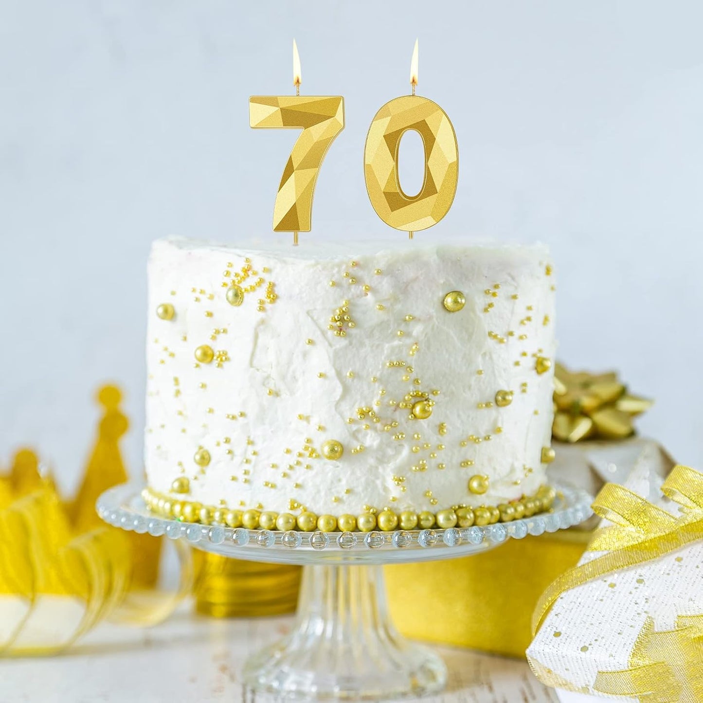 Nuanchu 70th Birthday Candles, Happy Birthday Cake Topper 3D Diamond Shape Numeral Sparkler Number Candles for Men Women Party Wedding Decoration Theme Party (Gold)