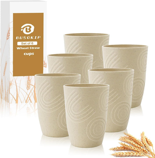 12 oz Wheat Straw Cups Set of 6, Alternatives to Plastic Cups Reusable, Unbreakable Water Cups, Dishwasher Safe Kitchen Cup, Small Water Cups for Kitchen (Beige)
