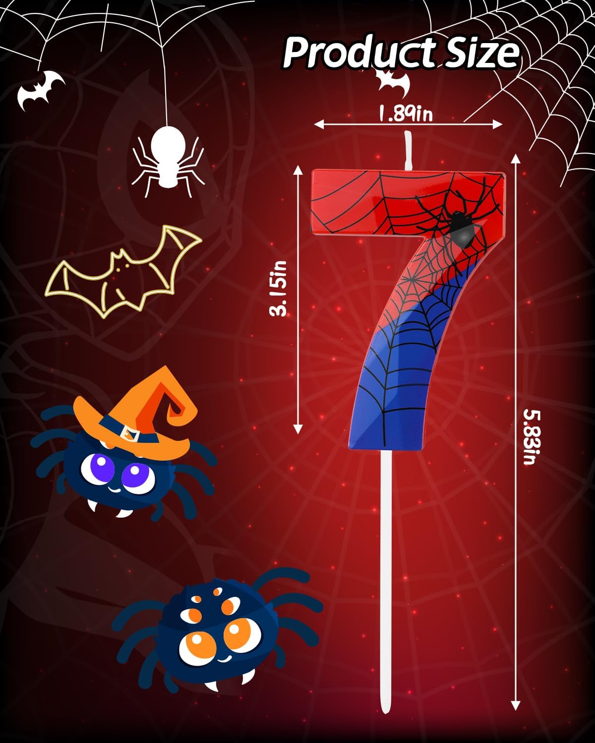 Number 7 Spider Themed Birthday Candle, 2.68 Inch Red Blue Spider Birthday Candles, Number Candles Birthday Cake Toppers Web Candles for Boy Girl Spider Party Decoration Supplies Halloween Party