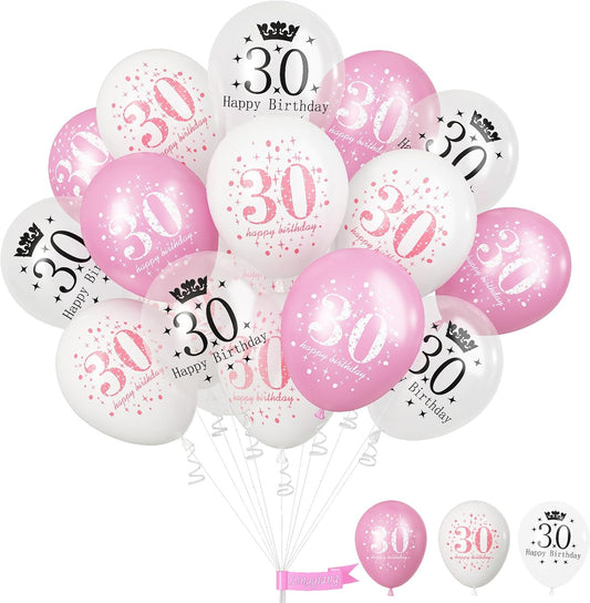 Pink 30th Birthday Decorations for Women, Pack of 15 Happy 30th Birthday Balloons Pink White Transparent Latex Balloons Decor for Age 30 Year Old Lady Birthday Celebration Party Decorations Supplies
