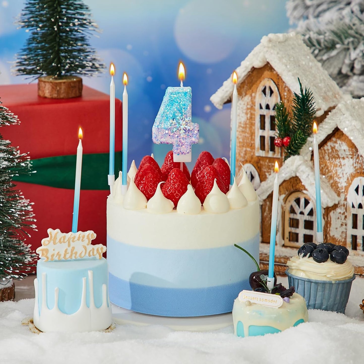 MTLEE Number 4 Birthday Candle Blue Snowflake with 6 Long Thin Cupcake Candles Blue Sparklers Glitter Number Happy Birthday Cake Topper Decorations for Winter Party Supplies
