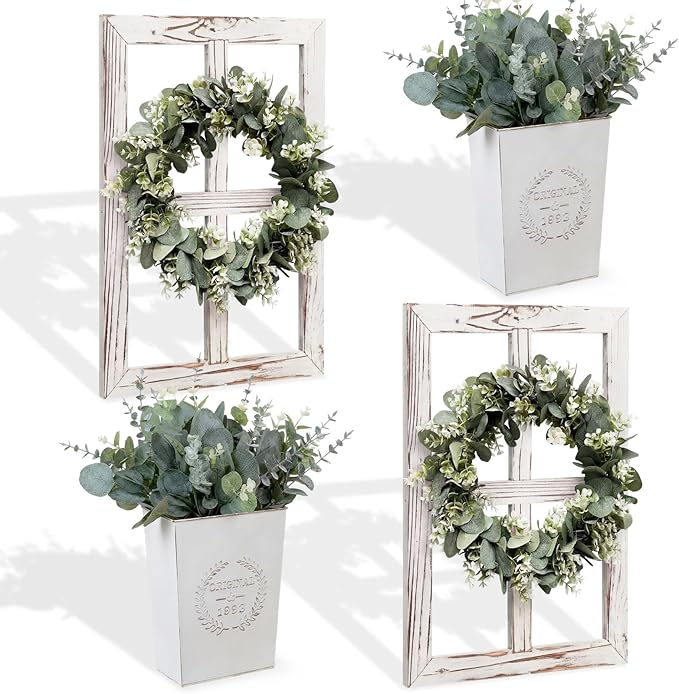 4 Sets 67 Pcs Farmhouse Wall Decor Set Rustic Window Frame Wall Decor with Eucalyptus Wreath and Metal Walls Planters Vintage Farmhouse Walls Art for Living Room Entryway(Square)