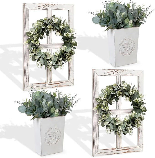 4 Sets 67 Pcs Farmhouse Wall Decor Set Rustic Window Frame Wall Decor with Eucalyptus Wreath and Metal Walls Planters Vintage Farmhouse Walls Art for Living Room Entryway(Square)