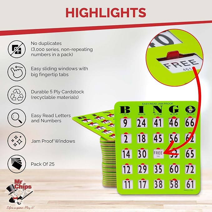 MR CHIPS Jam-Proof Easy-Read Large Print Fingertip Bingo Cards with Sliding Windows 25 Pack in Green Style