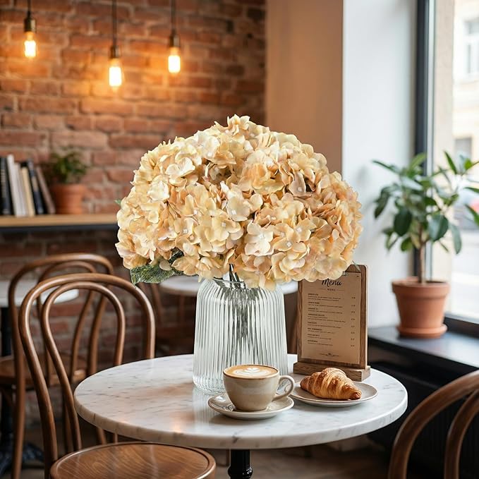 2Bouquets Artificial Fake Flowers Plants Silk Hydrangea Arrangements Wedding Bouquets Decorations Plastic Floral Home Kitchen Garden Party Festival Bar DIY (Cream,5 Flower Heads)