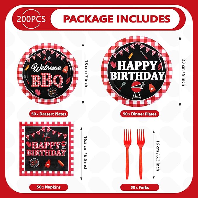 Grencian 200 Pcs BBQ Party Decorations for Birthday Picnic Red and Black Gingham BBQ Baby Shower Plates Supplies Summer Picnic Baby Q Birthday Party Decorations for Summer Barbecue Kids Adults