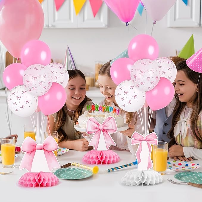 6 Set Pink Bow Birthday Decoration for Table Baby Girl Shower Decorations Pink Bow Balloon Table Centerpiece with Balloons Stand Kit Honeycomb Centerpiece for Girls Birthday Wedding Party Supply
