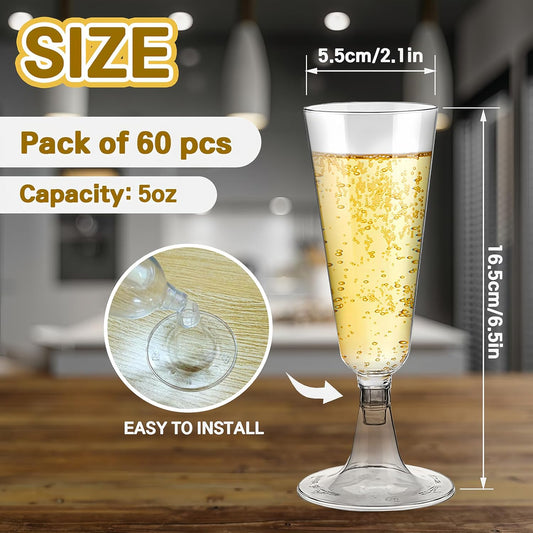 Disposable Plastic Champagne Flutes,60 Pack Clear Mimosa Champagne Glasses,5.5 Oz Wine Glasses Cups for Wedding Celebration New Year Christmas Birthday Graduation Party Supplies