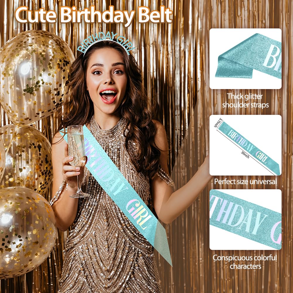 Birthday Sash Birthday Crown for Women, Birthday Girl Sash, Birthday Girl Crown, Glitter Light Blue Birthday Sash and Crown Rhinestone Headband Set, Happy Birthday Girl Princess Tiara Sash Accessories