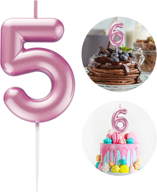 Pink Number 5 Candle Happy Birthday 3D Number Candles for Birthday Cake Party Decoration Wedding Anniversary Celebration Supplies