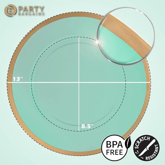PARTY BARGAINS 13-Inch Charger Plates - 8 Pack, Transparent Green Gold Rim, Heavy-Duty Disposable Chargers for Elegant Dining - Ideal for Weddings and Formal Events