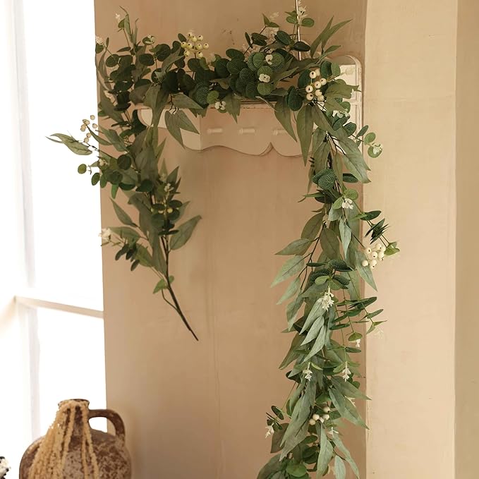 6Ft Artificial Eucalyptus Garland with Little White Berries, Real Touch Faux Eucalyptus Decor Vine for Table, Bedroom, Mantelpiece, Outdoor, Wedding Decorations (Foggy Green)