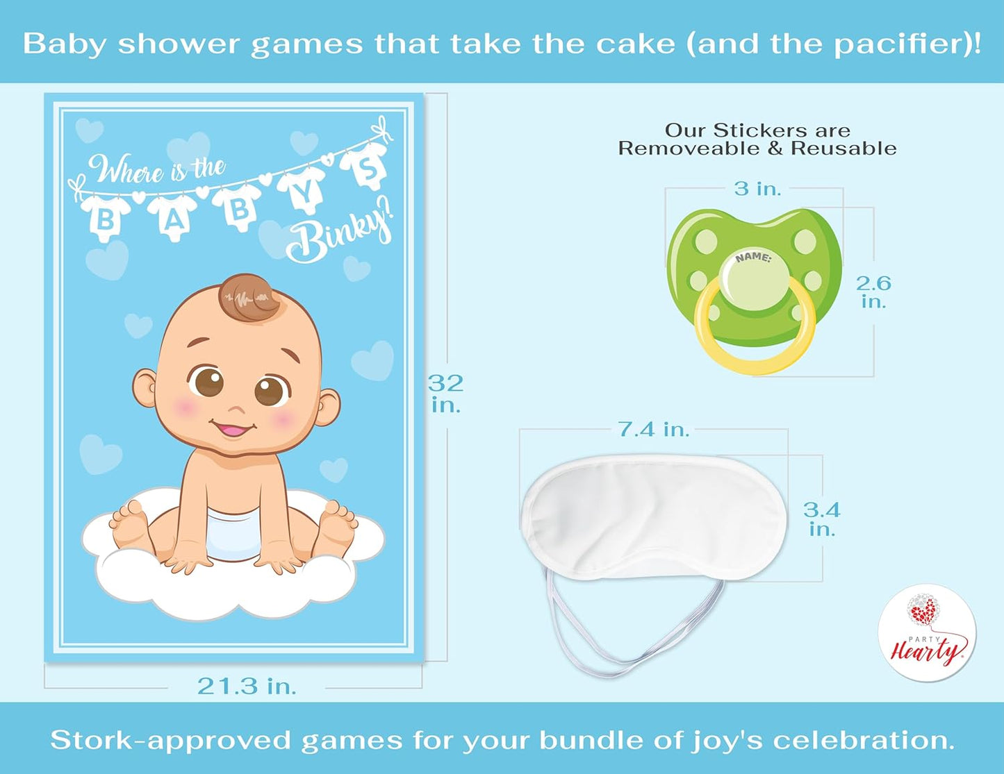 Party Hearty Funny Baby Shower Games for Boy, Blue Pin The Pacifier on The Baby Game, Where is The Baby’s Binky, Pin The Dummy on The Baby