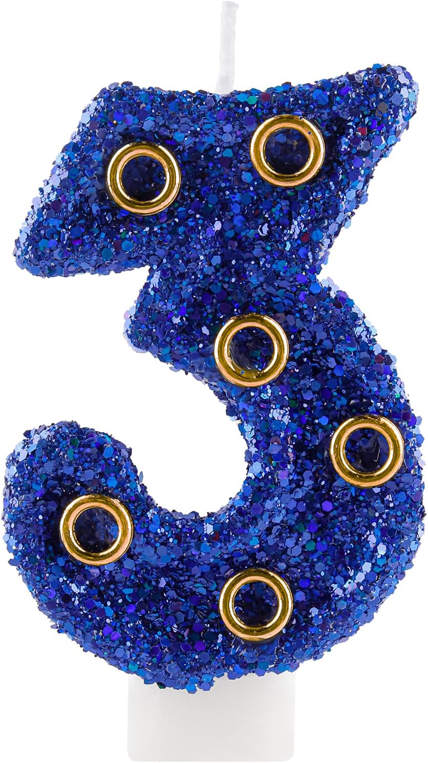 Blue Gold Rings Hedgehog Themed Birthday Candle, Number 3 Candle Cake Topper, Character Cartoon Theme for Boys Girls Birthday Party Decorations Supplies