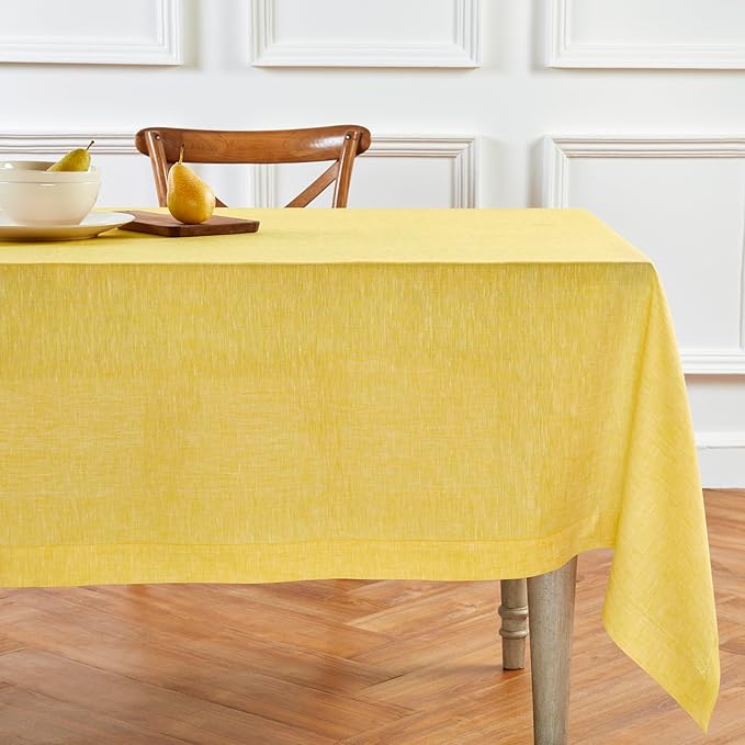 Solino Home Linen Tablecloth 60 x 132 Inch - 100% Pure Linen Chambray Lemon Yellow Table Cloth for Rectangle Tables - Athena, Machine Washable Tablecloth for Spring, Easter