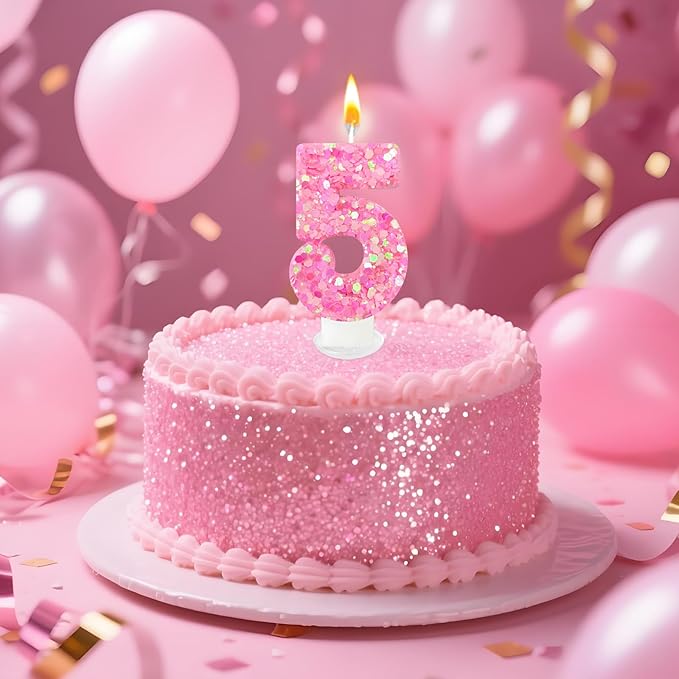 Zailo Birthday Number Candles, Glitter Number Candle Cake Decorations with Sequins, Cupcake Decorations for Girls, Women, Party Anniversary Celebrations (Number 5, Light Pink)