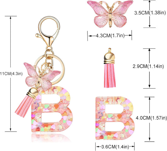 Fashion Alphabet Initial Letter Keychain Tassel Butterfly Pendant Key Ring for Purse Handbags Women Girl