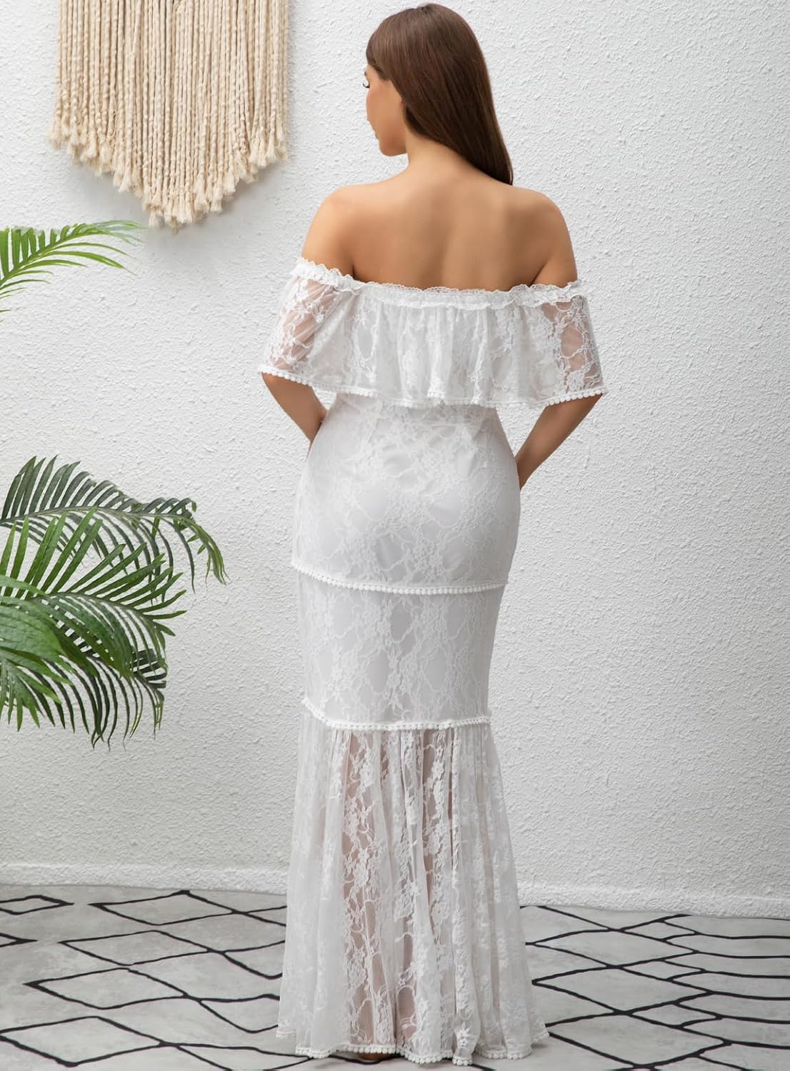 HOYISHION Women's Off The Shoulder Floral Lace Maxi Dress White Bridesmaid Wedding Party Maternity Photoshoot Long Dresses