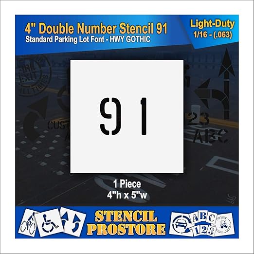 Pavement, Curb, and WheelStop Stencils - 4 inch Double Number Stencil - (91) - 4" x 4" x 1/16" (63 mil) - Light-Duty