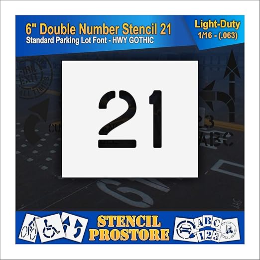 Pavement, Curb, and WheelStop Stencils - 6 inch Double Number Stencil - (21) - 6" x 6" x 1/16" (63 mil) - Light-Duty