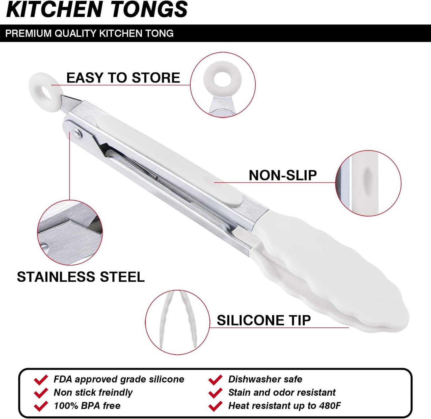 MSY BIGSUNNY Kitchen Food Tongs - 7" Mini Silicone Serving Tongs for Appetizers - Set of 3 (Black White Gray)