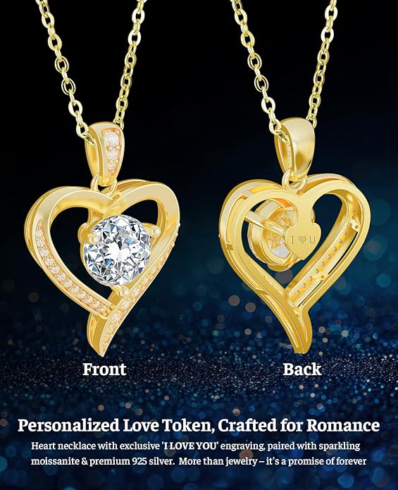 Valentines Day Gifts for Her - Heart Pendent Necklaces for Women, 1-3ct Moissanite Necklace with I love U Engraving - Anniversary Birthday Gifts for Wife, Girlfriend, Mother, 925 Silver Jewelry