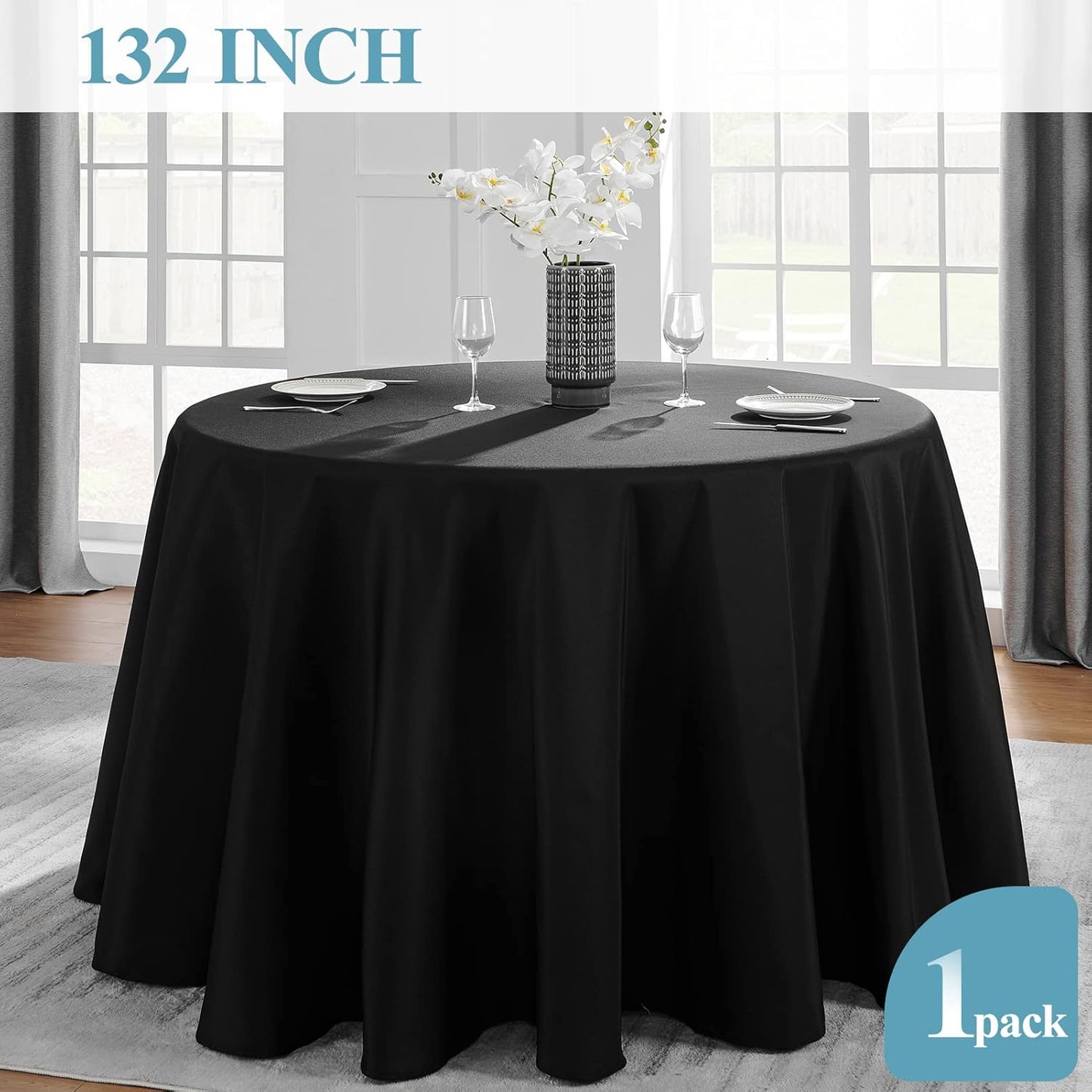 VidaFete 132inch Round Tablecloth Polyester Table Cloth，Stain Resistant and Wrinkle Polyester Dining Table Cover for Kitchen Dinning Party Wedding Rectangular Tabletop Buffet Decoration(Black)