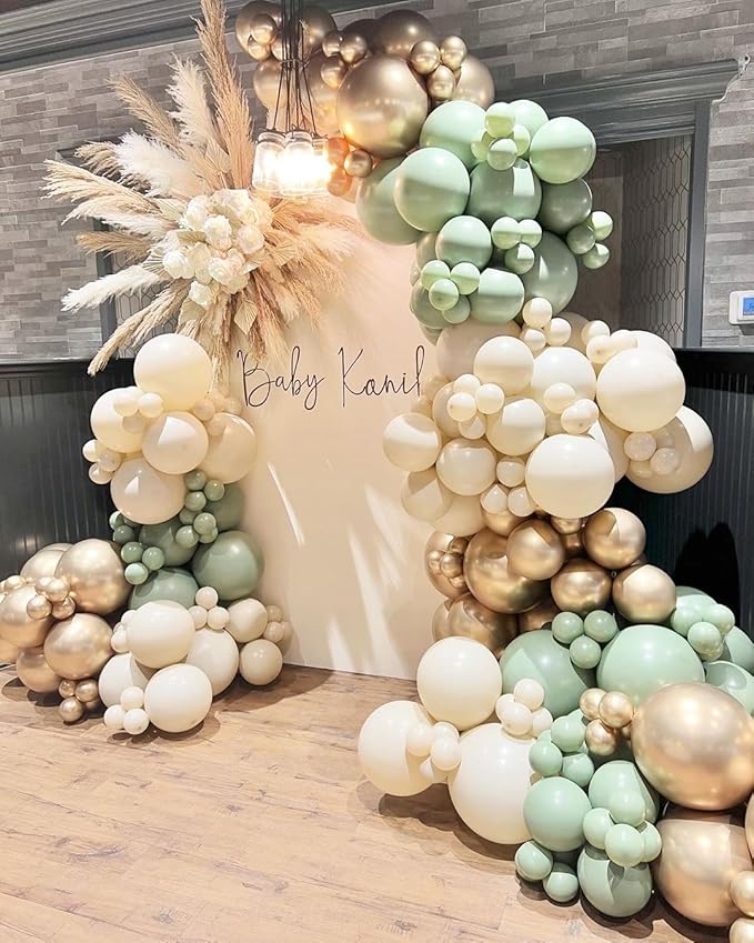 Sage Green Balloon Arch Kit, 162pcs Sage Green Sand White Gold Confetti Balloon Garland for Engagement Wedding Baby Shower Balloons Gender Reveal Birthday Party Decorations