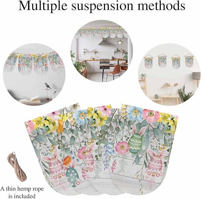 Easter Banner 4Pcs Indoor Outdoor Hanging Banner Flag Spring Eggs Eucalyptus Leaves Wooden Grain Sign for Fireplace Mantel Decorative Bunting Garland Valance for Shop Door Mantle Home Decor 7.9"x11.8"