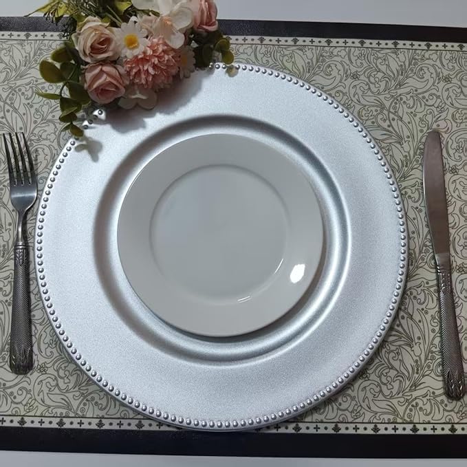 6/50/100 Pcs Elegant Plastic Beaded Charger Plates - Round Gold Silver Black Wedding Party Dinner Decorative Plate Set, Durable for Halloween Christmas Birthday Decor