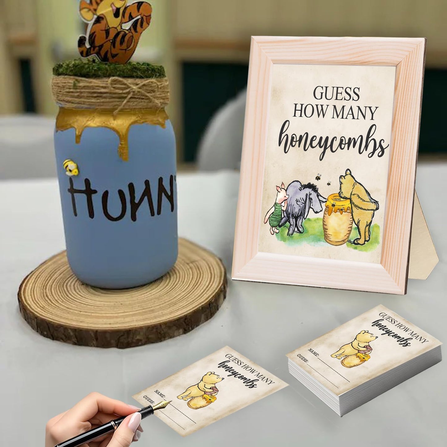 Classic The Winnie Bear Guess How Many Honeycombs Game- Perfect for Baby Showers, Newborn Parties & Birthdays Decorations | Wood Frame + Sign + Guest Game Card - 40 Pcs Set