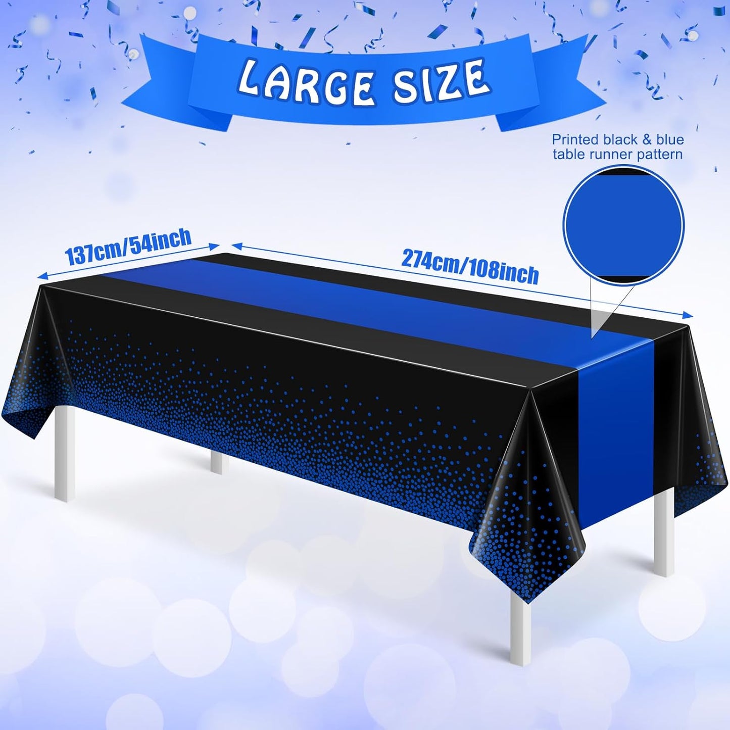 MASHAN 6Pcs Black and Blue Tablecloth Party Decorations,Plastic Black Table Cloth Printed Blue Runner Disposable Rectangle Table Cover for Birthday Wedding Anniversary Graduation Party,54 x108 Inch