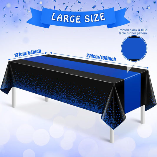 MASHAN 6Pcs Black and Blue Tablecloth Party Decorations,Plastic Black Table Cloth Printed Blue Runner Disposable Rectangle Table Cover for Birthday Wedding Anniversary Graduation Party,54 x108 Inch