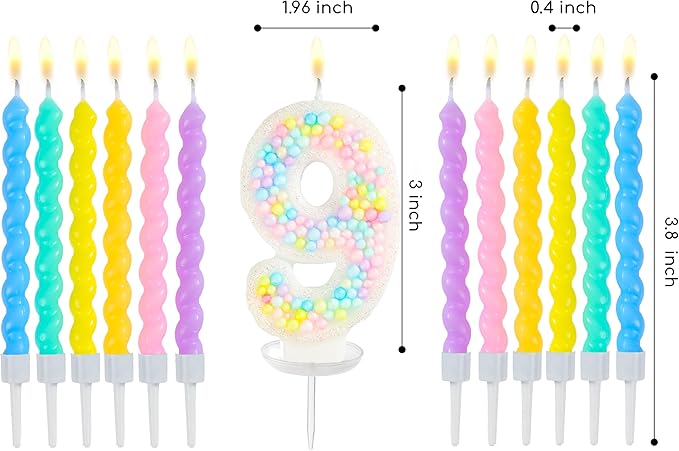 PHD CAKE Number 9 Birthday Candle Macaron Glitter Number Candle with Rainbow Spiral Candles in Holders for Cake Topper, Pastel Sweet Theme Party Decoration