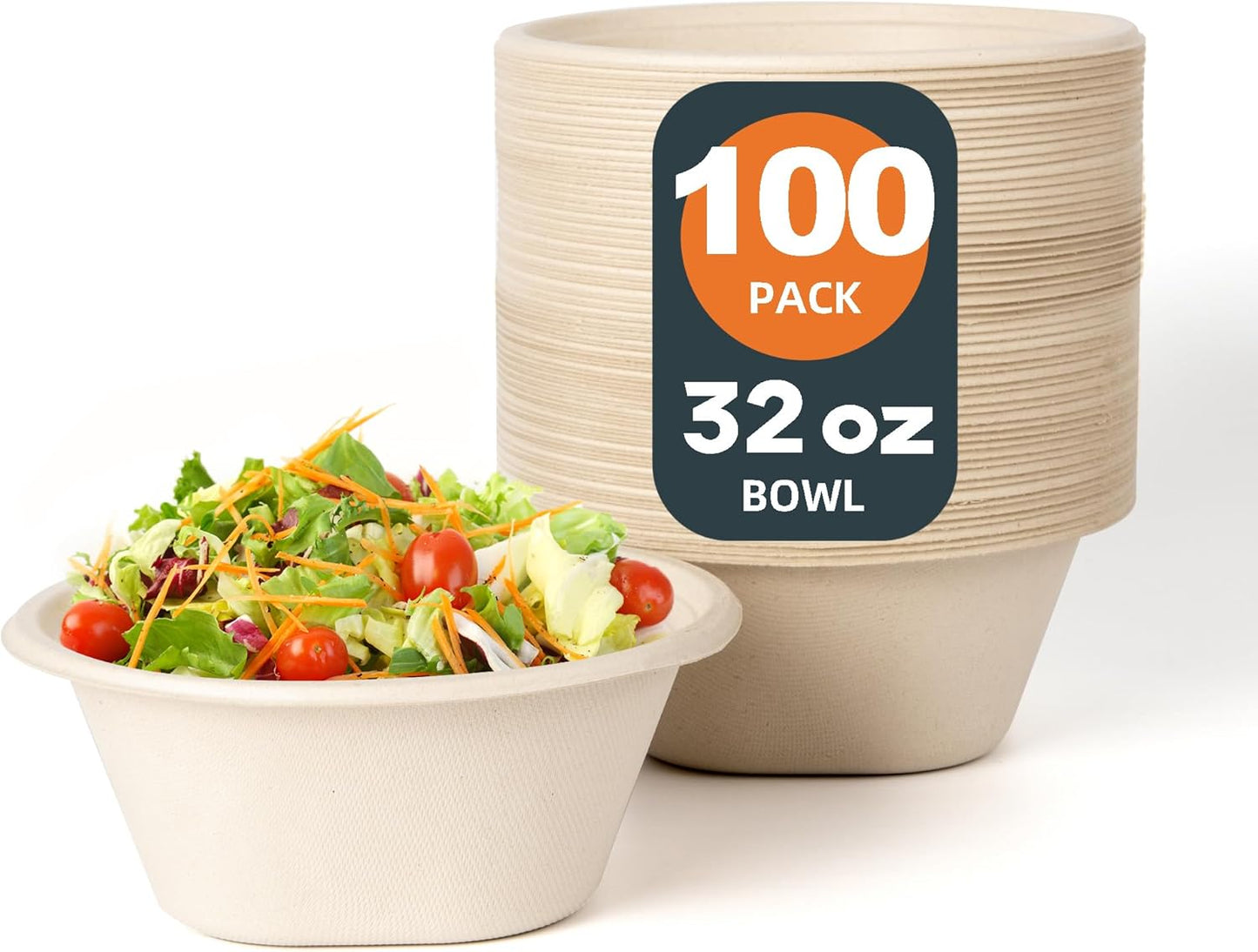 32 OZ Large Disposable Paper Bowls - Heavy Duty and Compostable - Made from Eco-friendly Sugarcane Bagasse - Biodegradable Bowls for Soup, Salad, Dessert, Ice Cream [100 Pack]