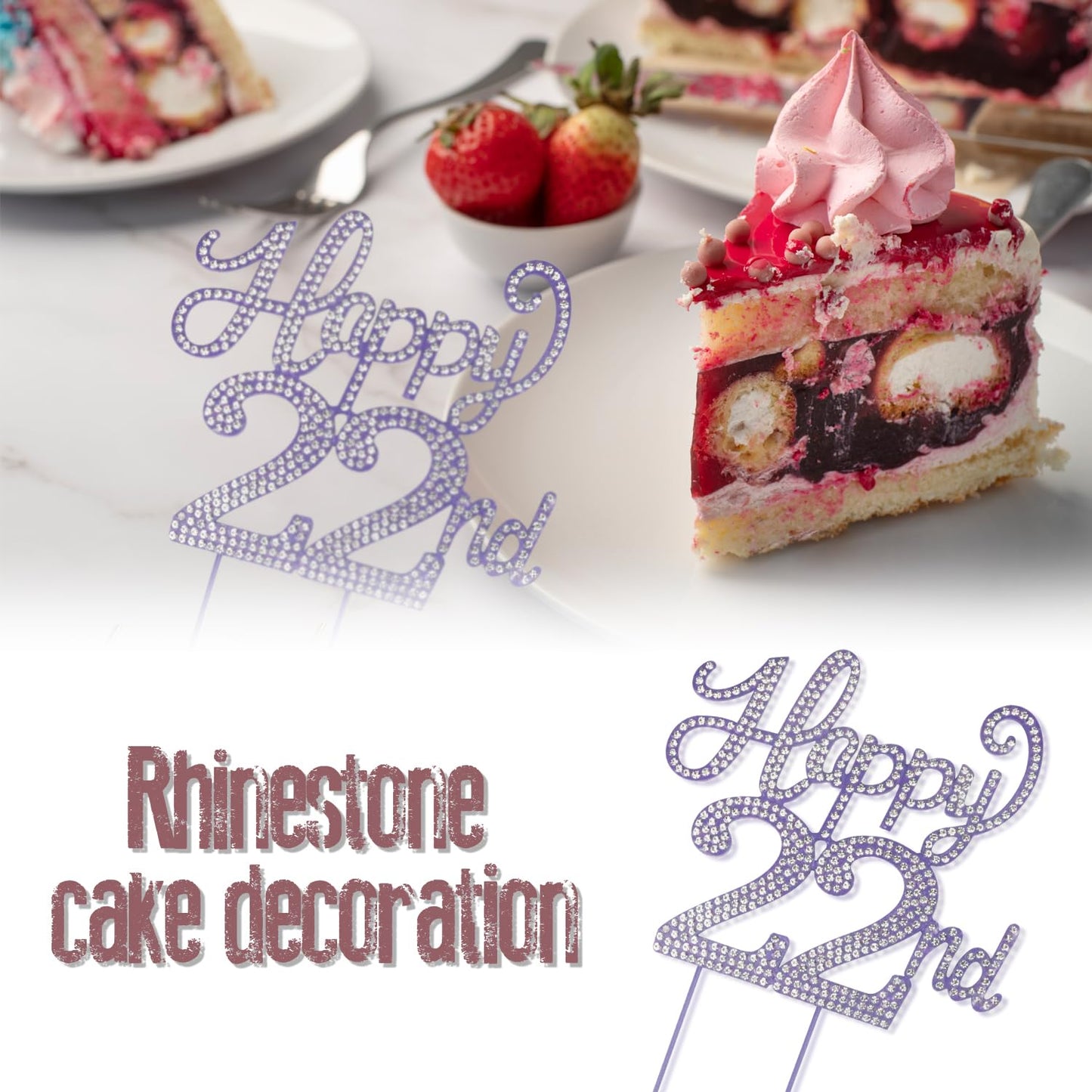 LASKYER Happy 22nd Birthday Purple Rhinestone Cake Topper - 22nd Birthday/Anniversary,Cheers to 22 Years Old Bday Party Metal Sparkly Centerpieces Decorations.
