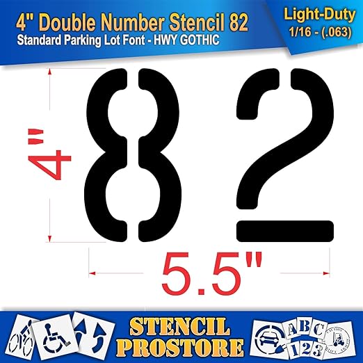 Pavement, Curb, and WheelStop Stencils - 4 inch Double Number Stencil - (82) - 4" x 5.5" x 1/16" (63 mil) - Light-Duty